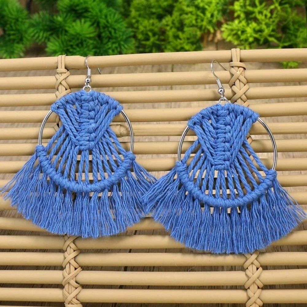 🍉5 for $25* Blue Macrame Earrings - Picture 2 of 2